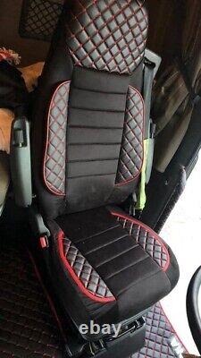 2x Deluxe Black with Red Eco Leather+Suede Seat Covers for Renault T 2014+ trucks