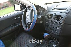 Seat Cover Set Shift Knob Belt Steering Wheel Black+Blue PVC Leather Sedan Truck