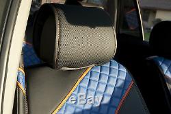 Seat Cover Shift Knob Belt Steering Wheel Black+Blue PVC Leather Sedan Truck 2