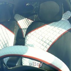 Seat Cover Shift Knob Belt Steering Wheel Black+White PVC Leather Sedan Truck 3