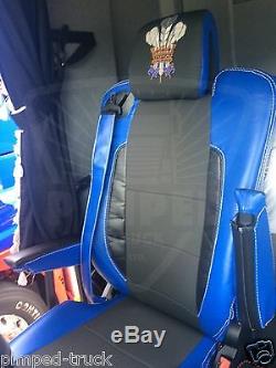 TRUCK SEAT COVERS RENAULT T-range BLUE ECO LEATHER separate head rest + emblem