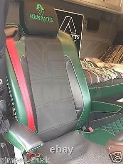 TRUCK SEAT COVERS RENAULT T-range Green ECO LEATHER separate head rest + emblem