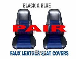 TRUCK Seat Covers (PAIR) Black & Blue Faux Leather Peterbilt Freightliner