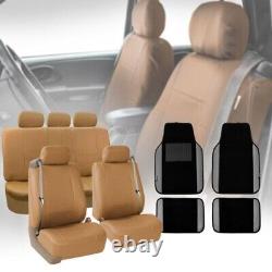 Tan Integrated Seatbelt Van Truck Seat Cover with Gray Leather Carpet Mats